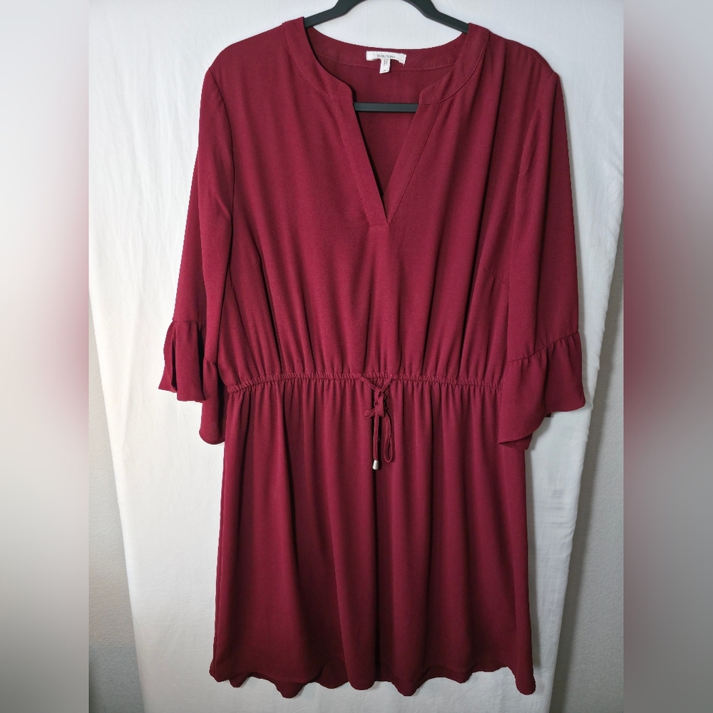 Maurices Maroon Bell Sleeve Dress V-Neck Tie Waist Boho Cottagecore O Plus - Picture 2 of 10